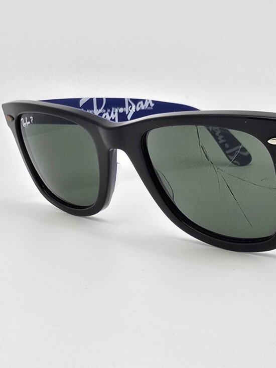 Ray-Ban RB2140 1112/58 Wayfarer Black on Blue Text Polarized G-15 Sunglasses - Picture 1 of 16